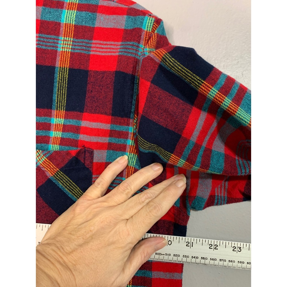 ONE24 RAGS Red Plaid‎ Fringed Flannel Shirt Oversized Distressed Women Large - Picture 6 of 10
